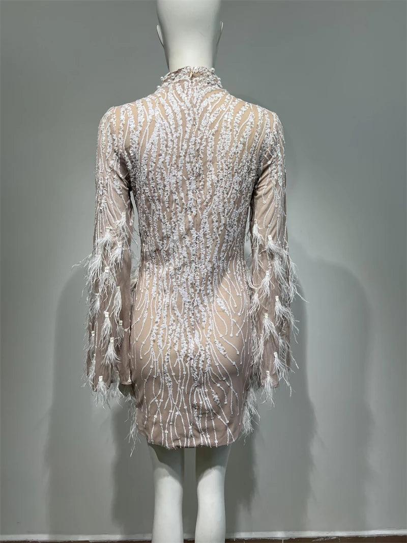 Luxury Exquisite Beading Sequins Feathers Sleeve White Mini Evening Dress Woman Birthday Party Dress Performances Costume - Celestia Couture
