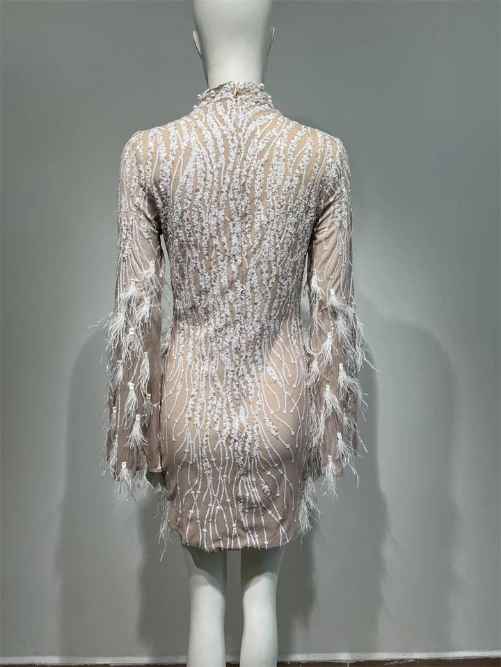 Luxury Exquisite Beading Sequins Feathers Sleeve White Mini Evening Dress Woman Birthday Party Dress Performances Costume - Celestia Couture