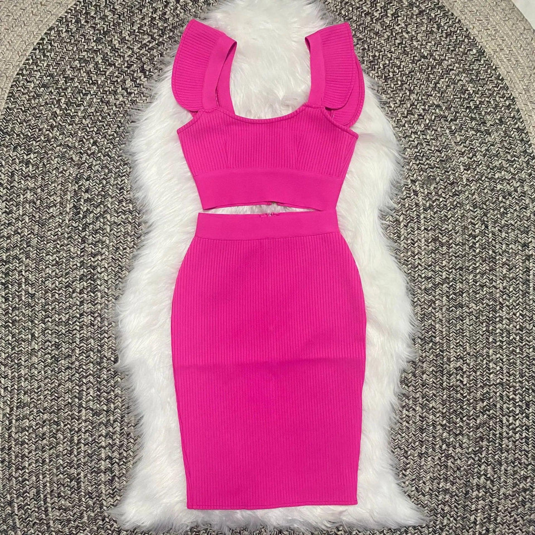 Fashion Green Yellow Ruffles Bodycon Dress Two Pieces &amp; Skirt Set - Celestia Couture