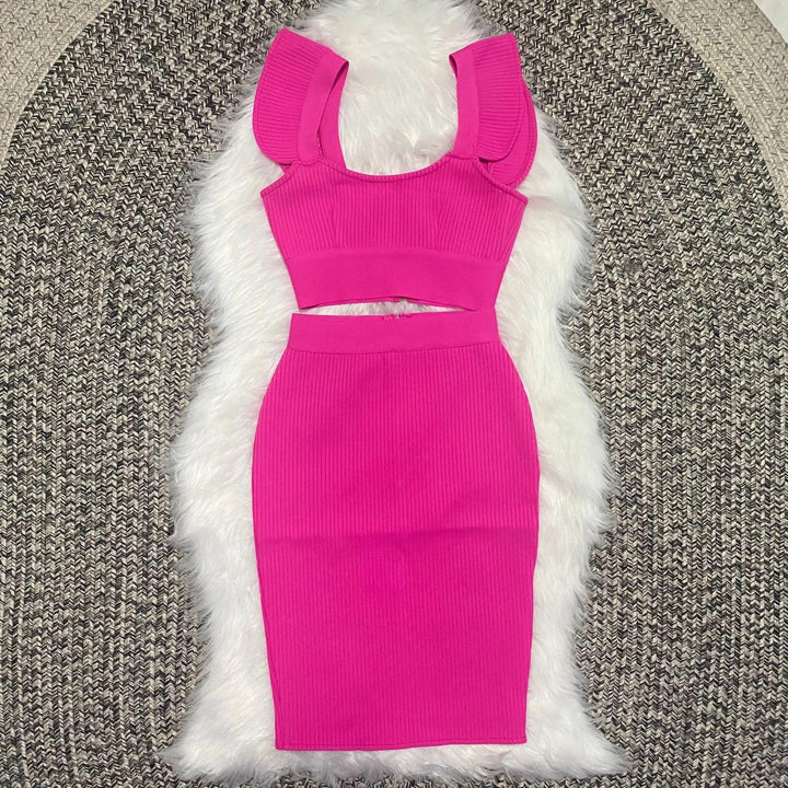 Fashion Green Yellow Ruffles Bodycon Dress Two Pieces &amp; Skirt Set - Celestia Couture