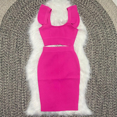 High Quality Celebrity Sexy Fashion Green Yellow Ruffles Bodycon Rayon Two Pieces Bandage Dress Two Pieces & Skirt Set - Celestial Couture