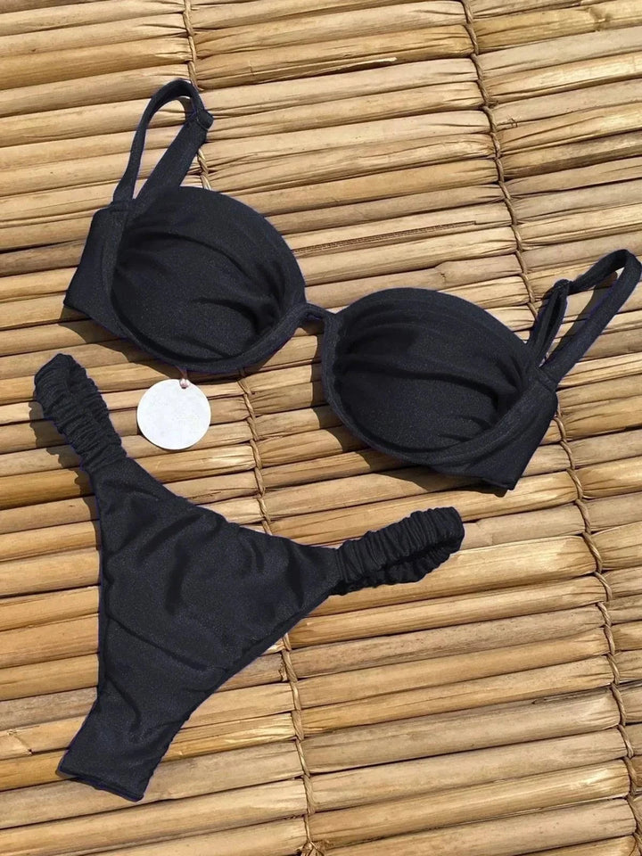 "Pearl Radiance" Ruched White Bikini Set - Elegant Push-Up Swimwear for Beach and Pool - Celestial Couture