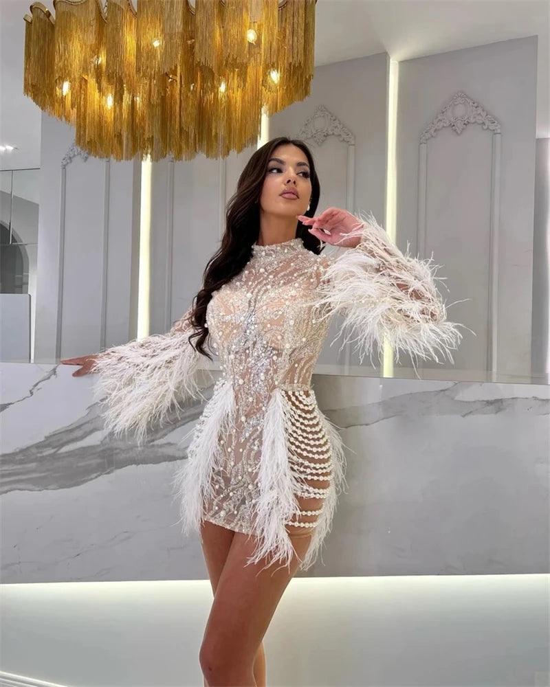 Luxury Exquisite Beading Sequins Feathers Sleeve White Mini Evening Dress Woman Birthday Party Dress Performances Costume - Celestia Couture
