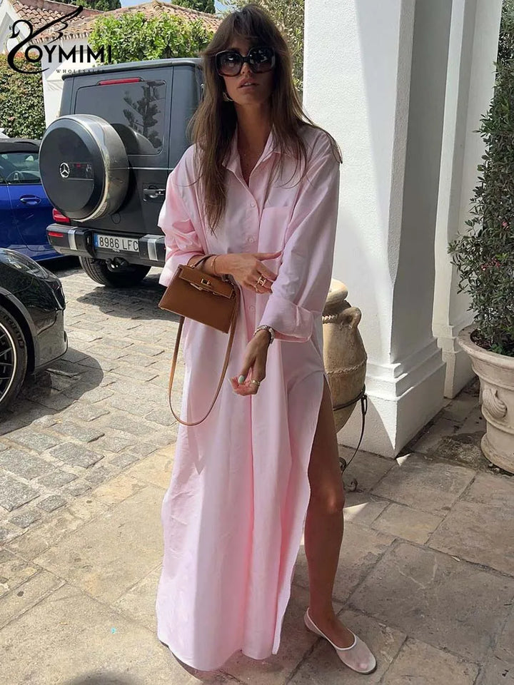 Charming Pink Long Sleeve Casual Dress for Women with Pockets and Elegant Side Slit - Floor-Length Fashion Statement - Celestia Couture