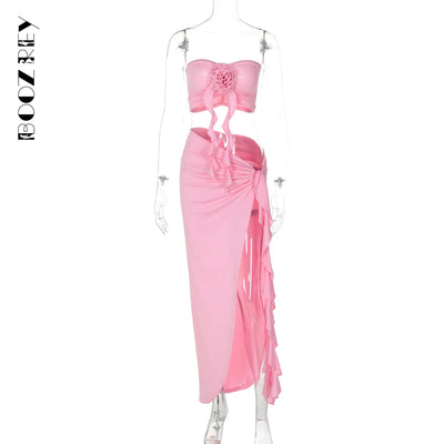 BoozRey Sexy Skirt Two Piece Sets Women Flower Strapless Crop Tops And Midi Skirt Femme Backless Side Slit Sexy Two Piece Sets - Celestial Couture