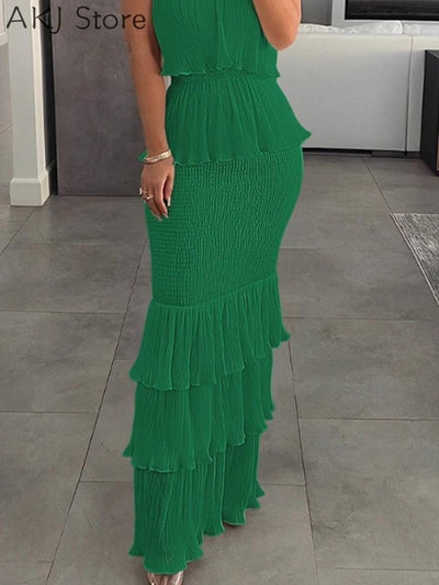 Women Fashion Bandeau Shirred Ruffle Hem Layered Dress - Celestial Couture