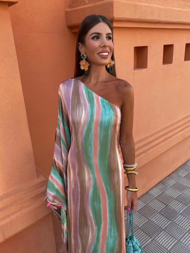 Striped Contrasting Oblique Shoulder Women&