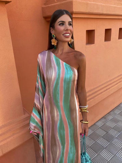Striped Contrasting Oblique Shoulder Women's Sundress 2024 New Asymmetric Sleeves Long Dress Ladies Summer Party Evening Clothes - Celestial Couture