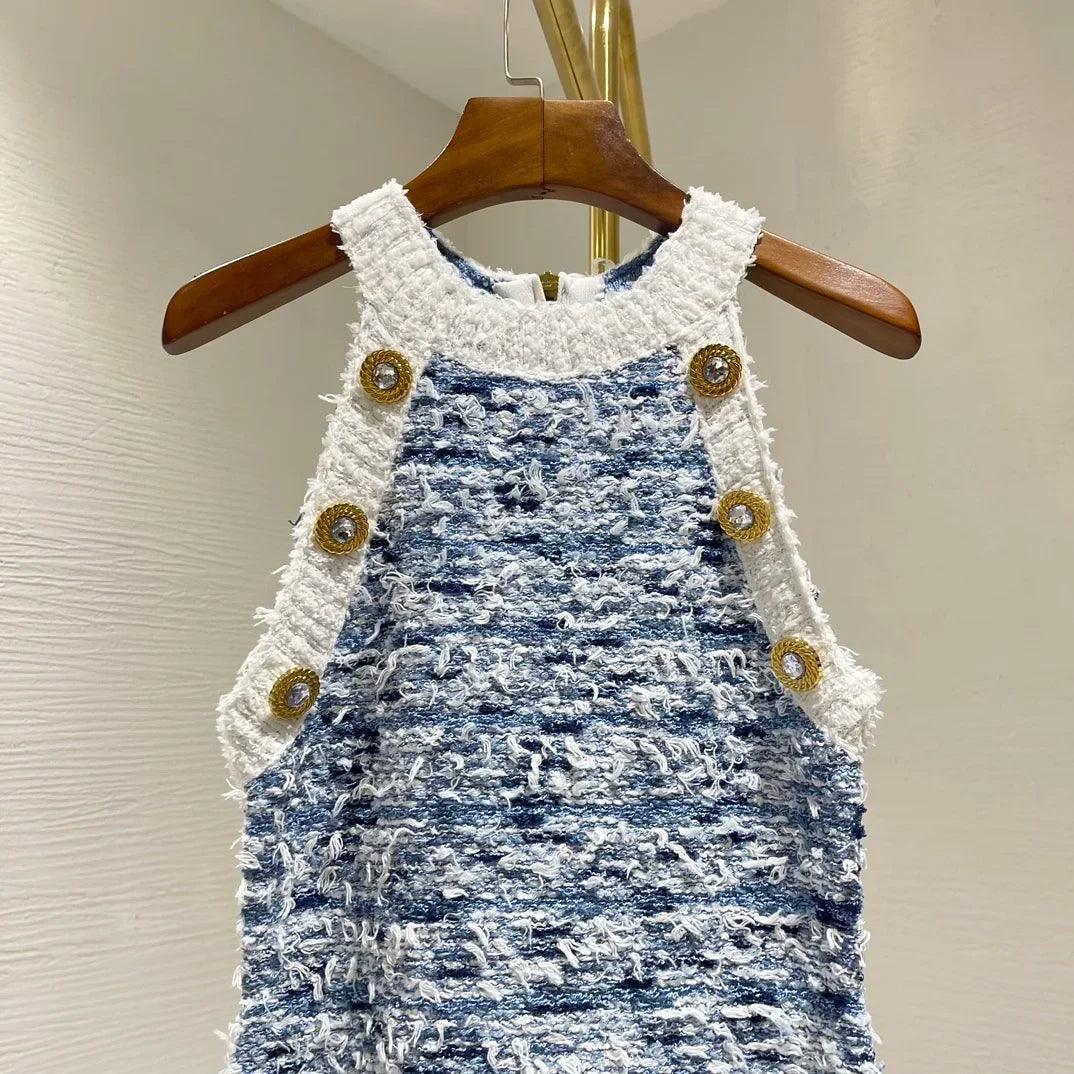 Summer High Quality Blue Sleevless Fringed Tassels Knit Buttons Women Mini Dress - Celestial Couture