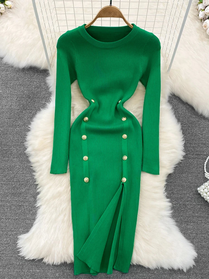 Autumn Chic Double-Breasted Knitted Dress - Celestia Couture
