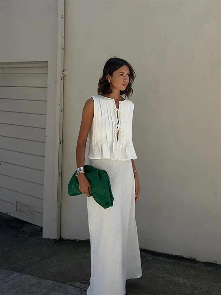 Folded Ruffles Lace Up Top Women Suits Chic Sleeveless Shirt Long Skirt 2 Pieces Set 2024 Summer Lady Office Highstreet Outfit - Celestia Couture