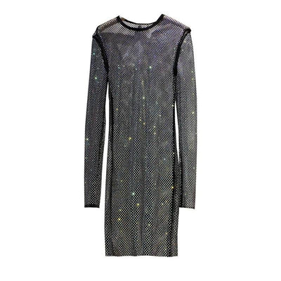 Sidaimi New Women Crystal Diamond Sexy Bodycon Dress Hollow Out Long Sleeve Mini Dress Female See Through Rhinestone Party Dress - Celestial Couture