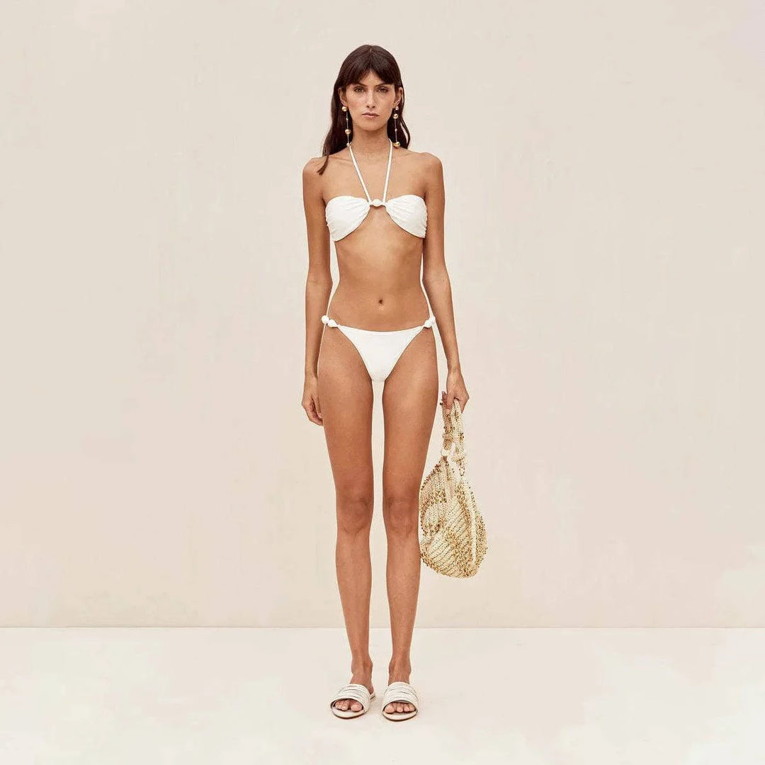 Halter Solid Color Bikini and Crochet Dress Two Piece Outfit - Celestia Couture