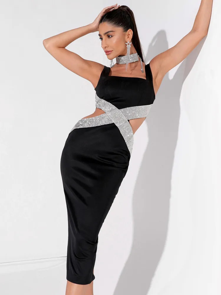 Chloe Enigma Sexy Backless V Neck Cutout Diamonds Black Dress 2024 Elegant Evening Club Party Dress - Celestial Couture