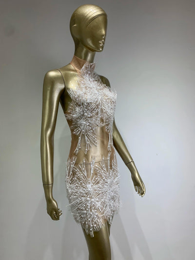 High Quality Women Sexy Off the Shoulder Mesh SeeThrough Bodycon Mini Dress Sequins Nightclub Party Celebrate Dress - Celestial Couture