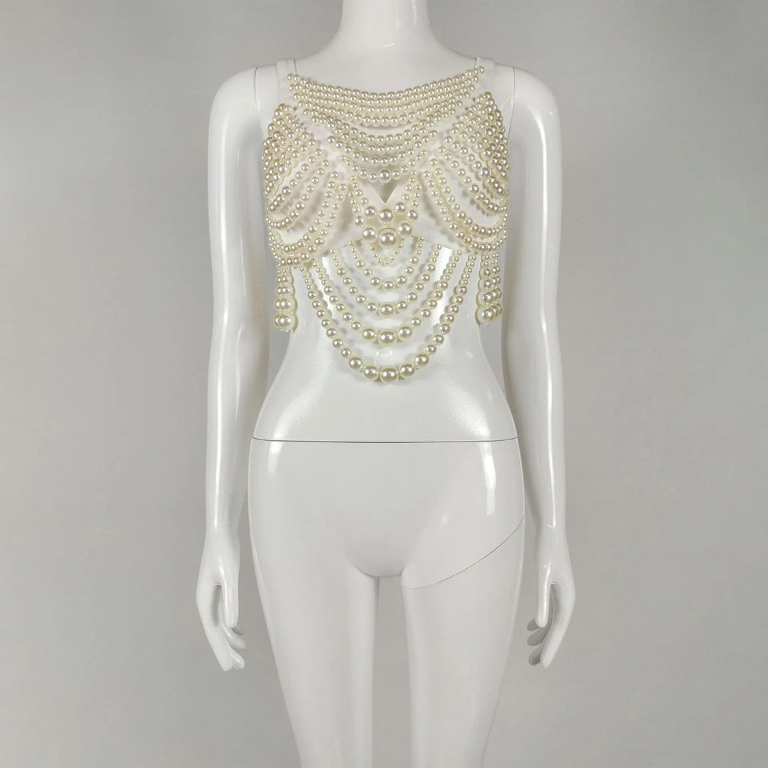 Sleeveless Full Pearl Beading Top - Celestia Couture
