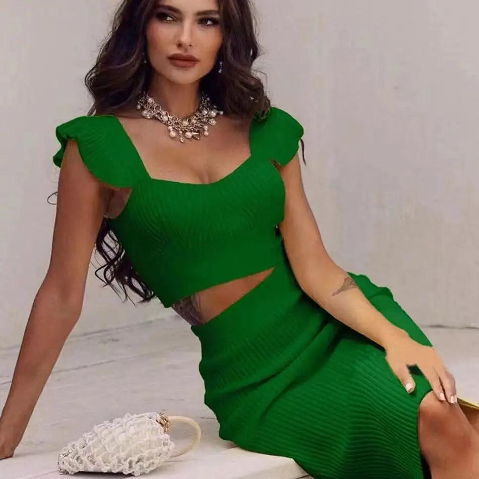 High Quality Celebrity Sexy Fashion Green Yellow Ruffles Bodycon Rayon Two Pieces Bandage Dress Two Pieces & Skirt Set - Celestial Couture