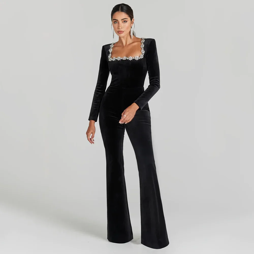 Ella Phantom Women's Black Bandage jumpsuit Square Neck Diamond High Waist Wide Leg jumpsuit Elegant Party jumpsuit - Celestial Couture