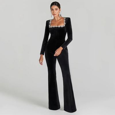 Ella Phantom Women's Black Bandage jumpsuit Square Neck Diamond High Waist Wide Leg jumpsuit Elegant Party jumpsuit - Celestial Couture