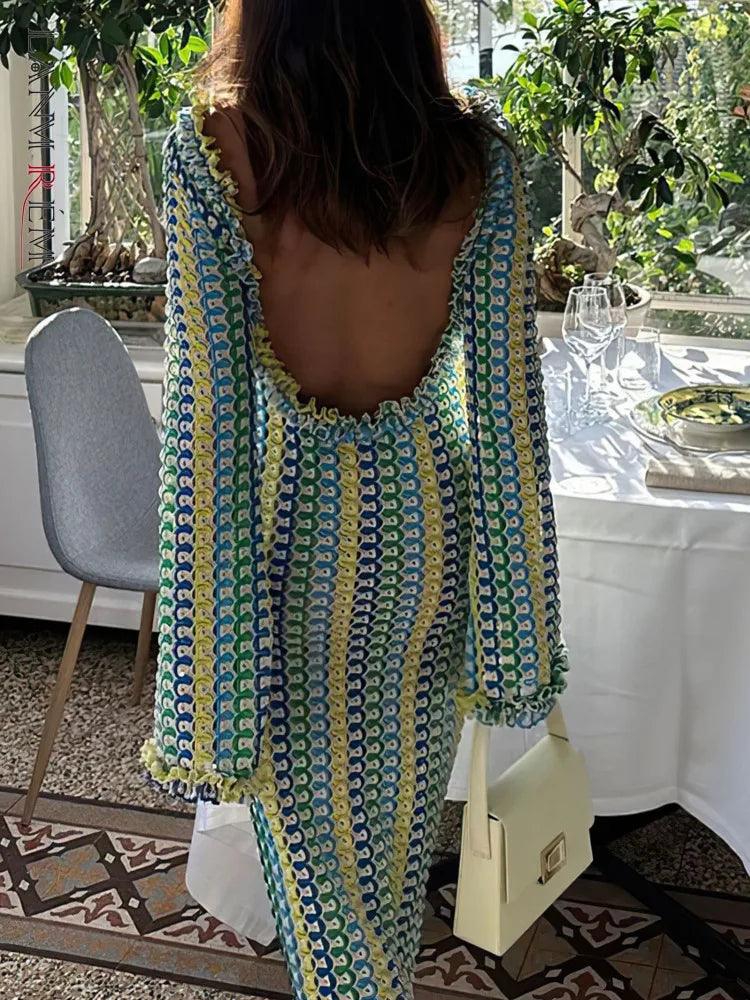 LANMREM Fashion Backless Women's Dress Lace Contrast Color Long Sleeves Slim Design Dresses 2024 New Summer Clothing 32C825 - Celestial Couture