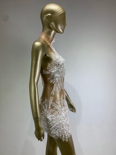 High Quality Women Sexy Off the Shoulder Mesh SeeThrough Bodycon Mini Dress Sequins Nightclub Party Celebrate Dress - Celestial Couture