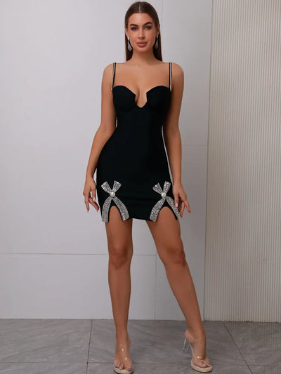 Midnight Allure Beaded V-Neck Mini Bodycon Dress - Celestial Couture