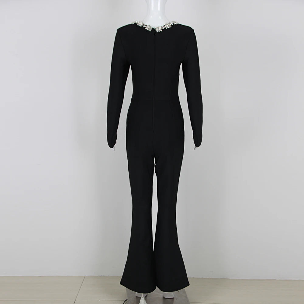 Ella Phantom Women's Black Bandage jumpsuit Square Neck Diamond High Waist Wide Leg jumpsuit Elegant Party jumpsuit - Celestial Couture
