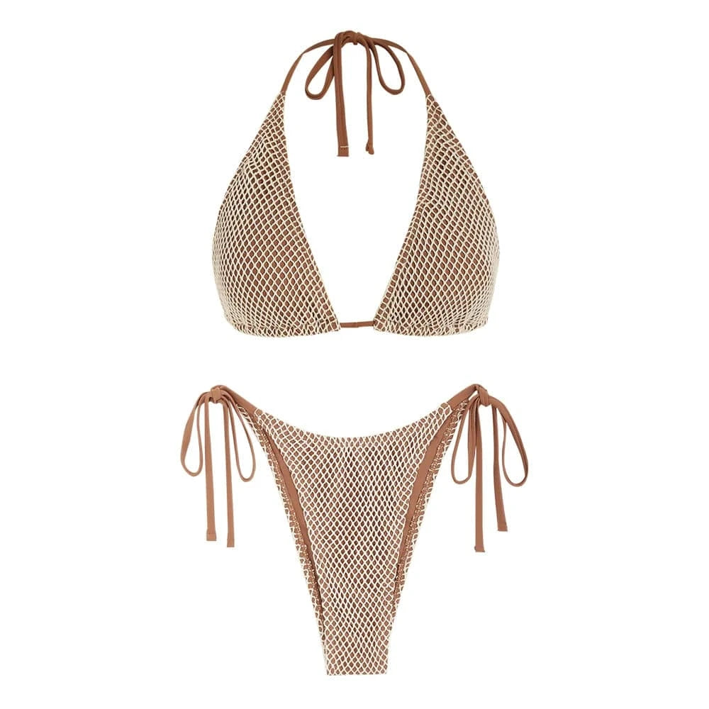 TOO HOT TO HANDLE. Women's Swimsuit Triangle Swimwear Contrast Fishnet Tie Side - Celestial Couture