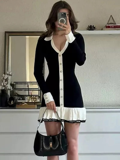 Lauren Ruffled Bow Knit Mini Dress Women's Summer Backless Contrast Cardigan Lace-Up Elegant Dress Female Knitwear Bandage Dress
