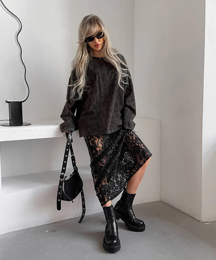 Summer Hollowed Out Lace A-line Skirt for Women - Elegant Long Black Perspective Black Lace Dress, "Sophia" - Celestia Couture