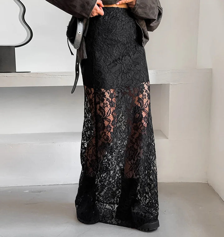 Summer Hollowed Out Lace A-line Skirt for Women - Elegant Long Black Perspective Black Lace Dress, "Sophia" - Celestia Couture