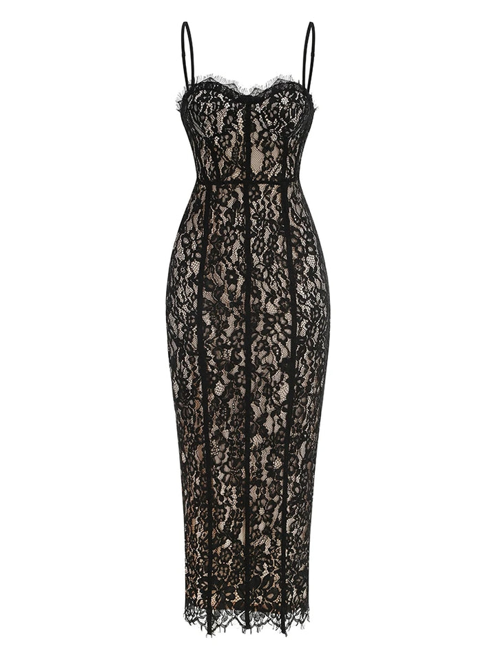 Volante Long Lace Dress Black