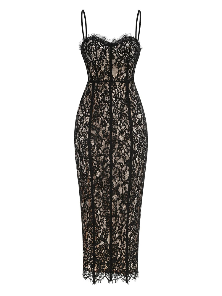 Volante Long Lace Dress Black