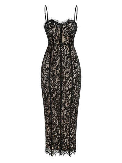 Volante Long Lace Dress Black
