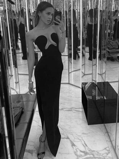 Mia Nightfall Sexy Strapless Backless Split Black Maxi Long Bodycon Bandage Dress Elegant Evening Party Club Dress - Celestial Couture