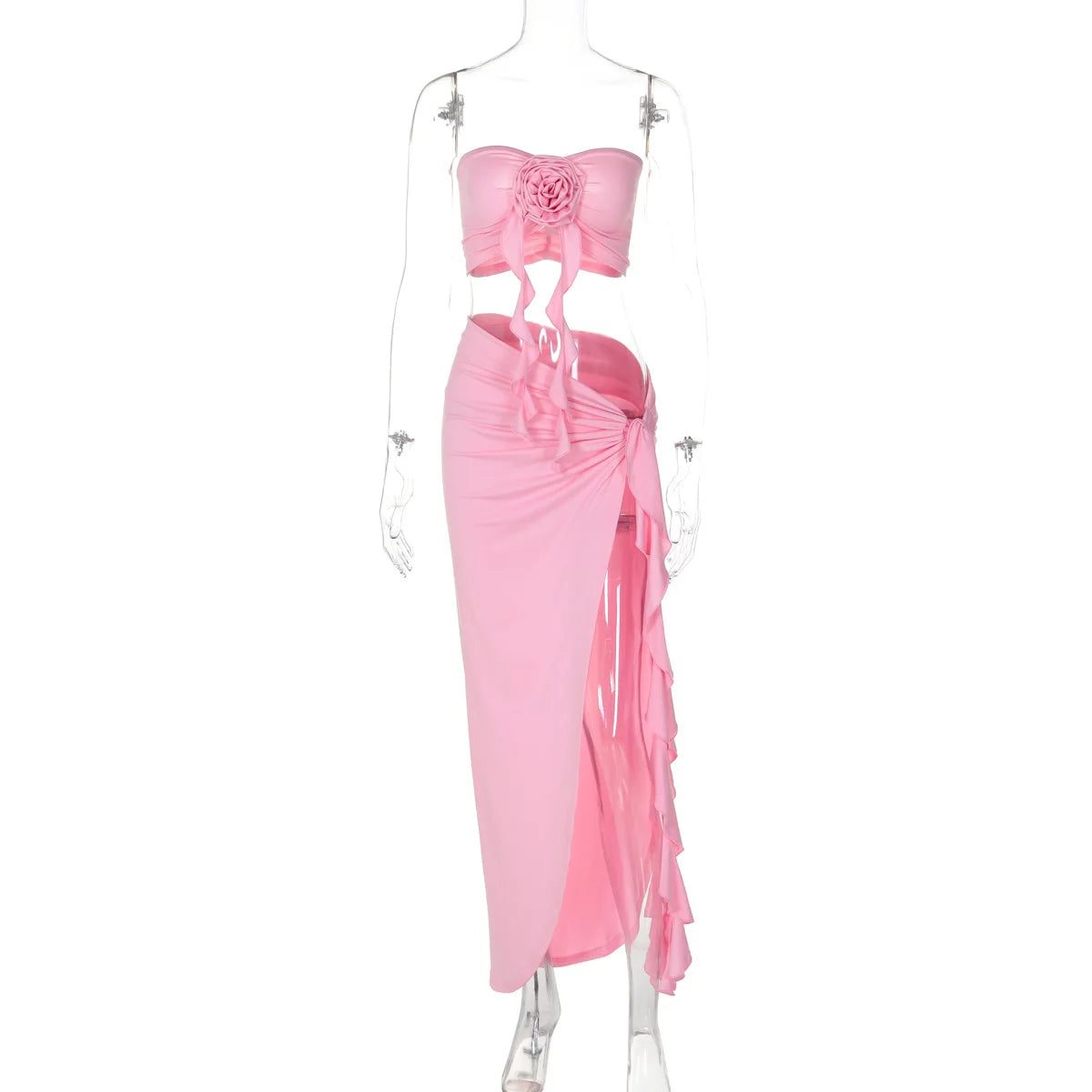 BoozRey Sexy Skirt Two Piece Sets Women Flower Strapless Crop Tops And Midi Skirt Femme Backless Side Slit Sexy Two Piece Sets - Celestial Couture