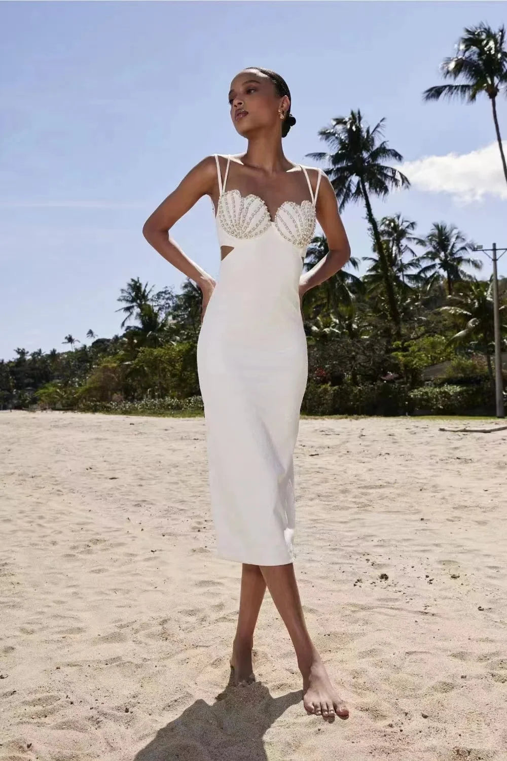 Noir Blanc Sleek V-Neck Bodycon Dress - Celestial Couture