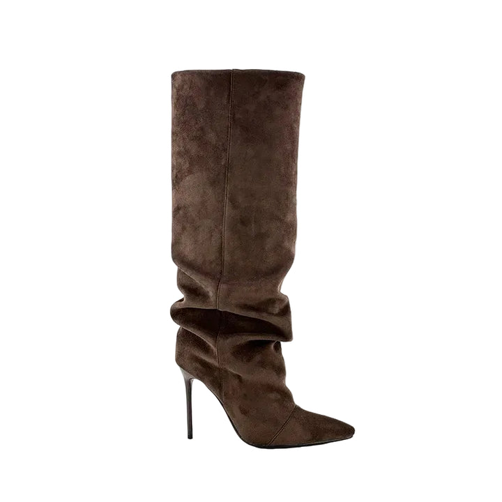 Brown suede knee-high boot with a high heel on a light gray background