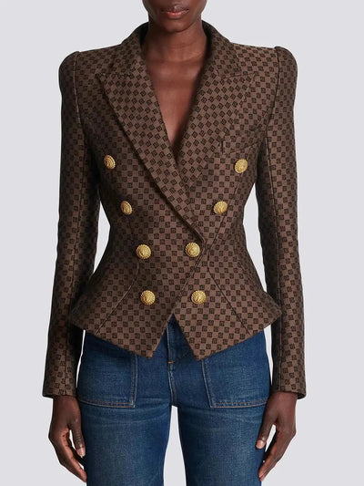 Brown Plaid Print Elegant Blazer Women - Celestial Couture