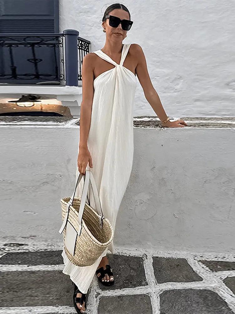 Sexy White Off Shoulder Halter Pleated Maxi Dress Fashion Sleeveless Loose Dresses Summer 2024 Ladies High Streetwear Vestidos - Celestial Couture