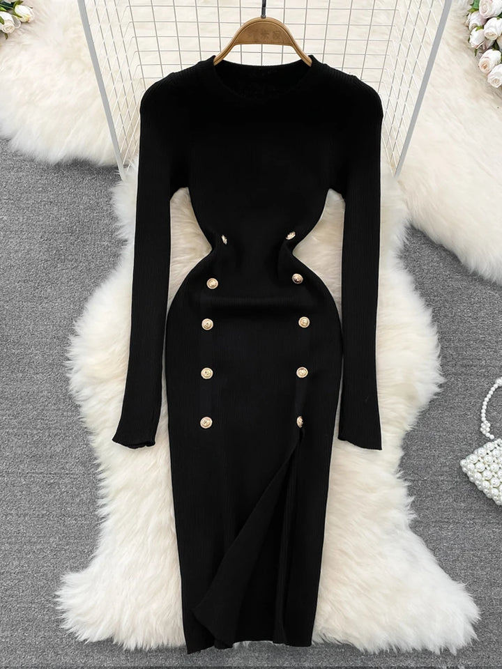 Autumn Chic Double-Breasted Knitted Dress - Celestia Couture