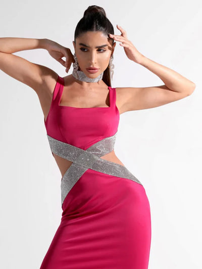 Chloe Enigma Sexy Backless V Neck Cutout Diamonds Black Dress 2024 Elegant Evening Club Party Dress - Celestial Couture
