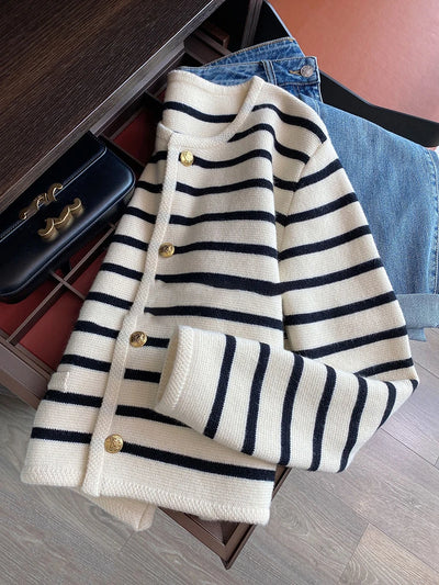 Milanova Women Spring Autumn Sweaters O-neck Stripe Knitted Cardigan Fashion Long Sleeve Casual Short Tops Korean Style New