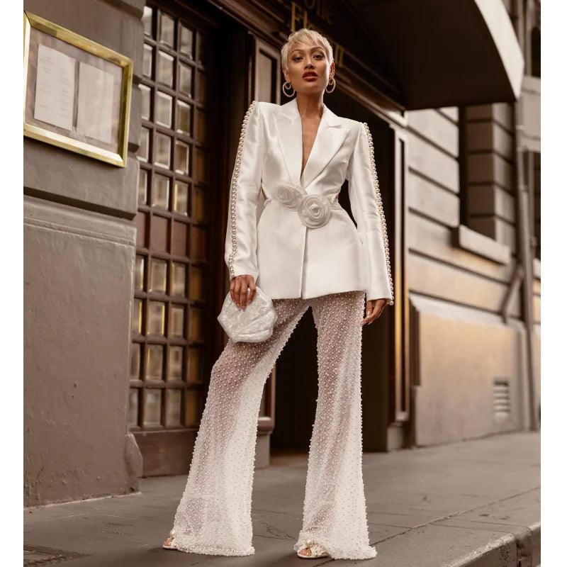 Fashiion Causal White Woman Set Flower Backless Suit Coat And Pearl Beading Mesh See Through Flare Pants 2 Pieces Party Outfit - Celestial Couture