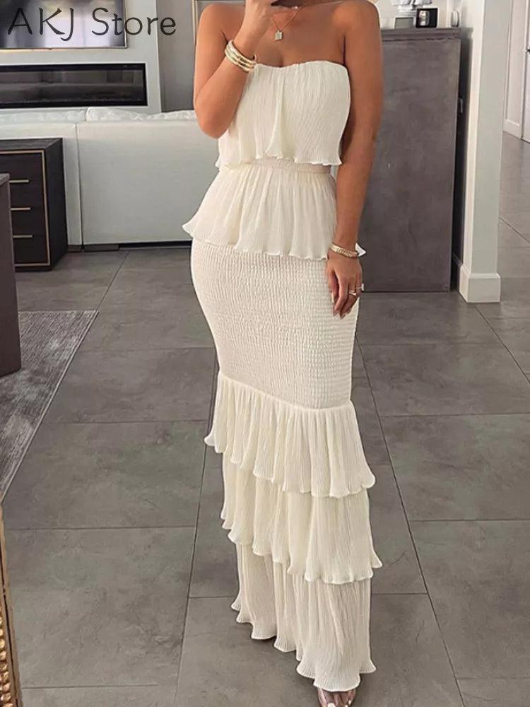 Women Fashion Bandeau Shirred Ruffle Hem Layered Dress - Celestial Couture
