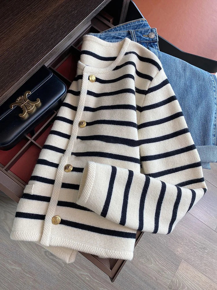 Milanova Women Spring Autumn Sweaters O-neck Stripe Knitted Cardigan Fashion Long Sleeve Casual Short Tops Korean Style New
