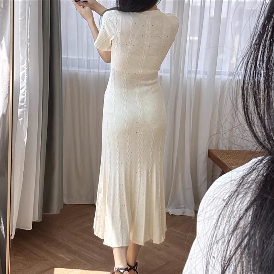Mona White Hollow Knitted Dress Women 2024 Summer Temperament Short Sleeve Elegant Slim Bodycon Party Dress 5240125