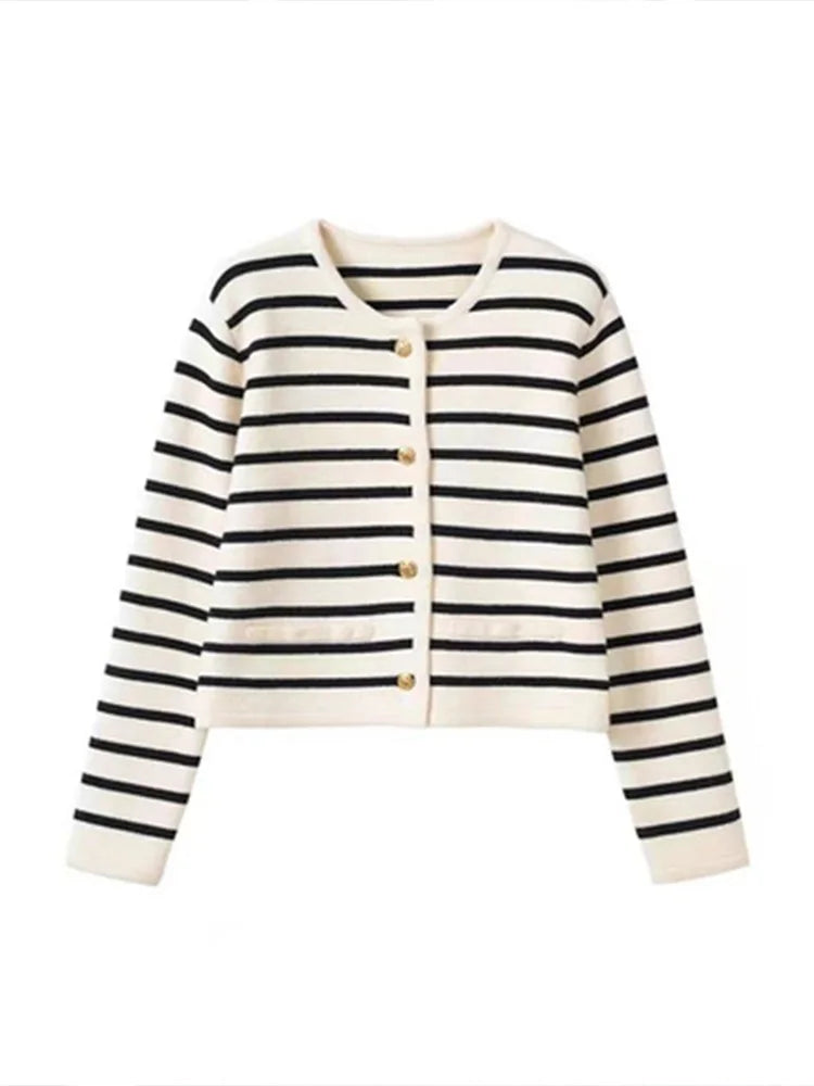 Milanova Women Spring Autumn Sweaters O-neck Stripe Knitted Cardigan Fashion Long Sleeve Casual Short Tops Korean Style New