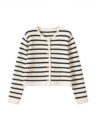 Milanova Women Spring Autumn Sweaters O-neck Stripe Knitted Cardigan Fashion Long Sleeve Casual Short Tops Korean Style New