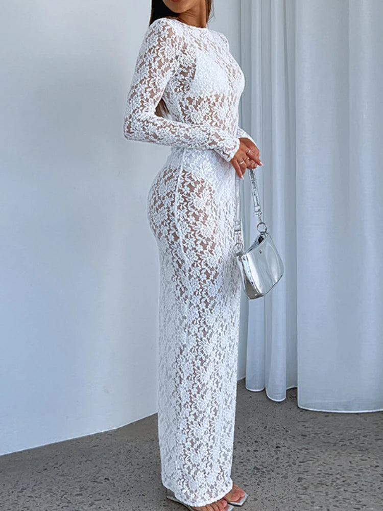 Elegant Lace Long Sleeve Maxi Dress for Women - Fashion O-neck Club Party Sexy See-through Dress, "Isabella" - Celestial Couture